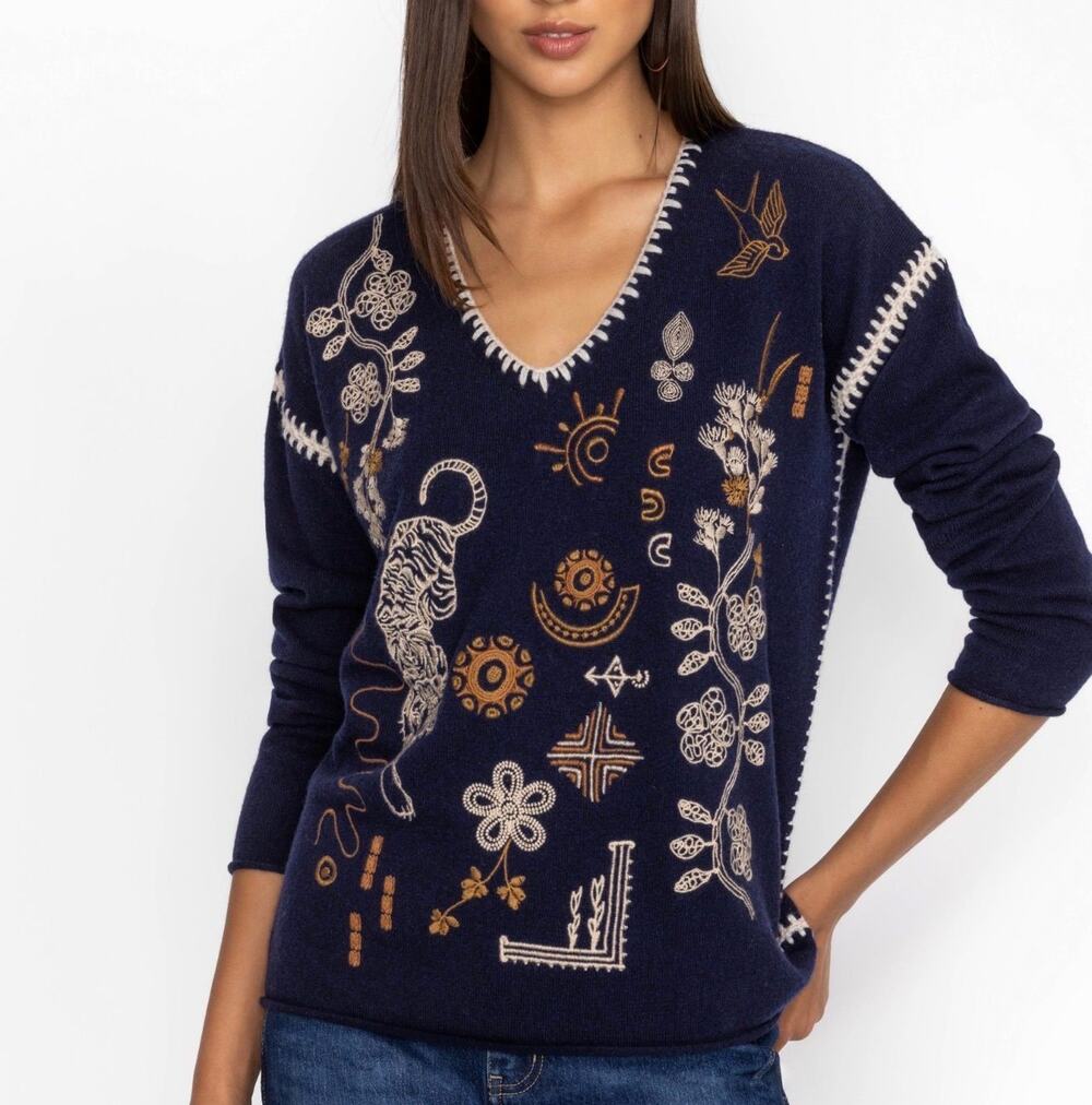 Johnny Was THE WHIPSTITCH V-NECK PULLOVER NWT XL $398 wool and cashmere blend